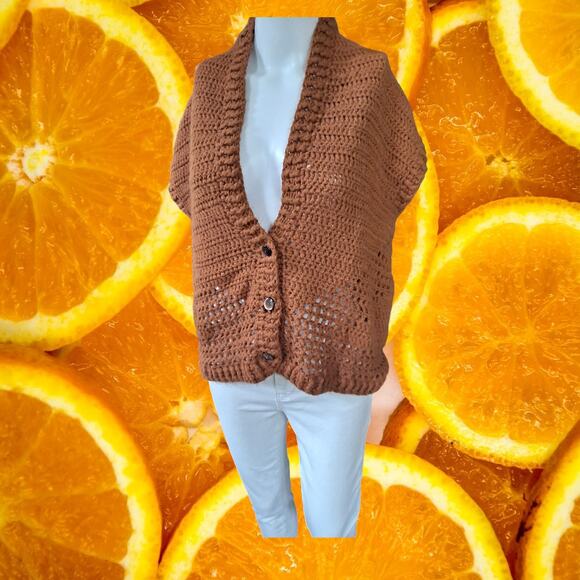 HandMade Hand Knit Orange Button Up Cardigan - Picture 3 of 5